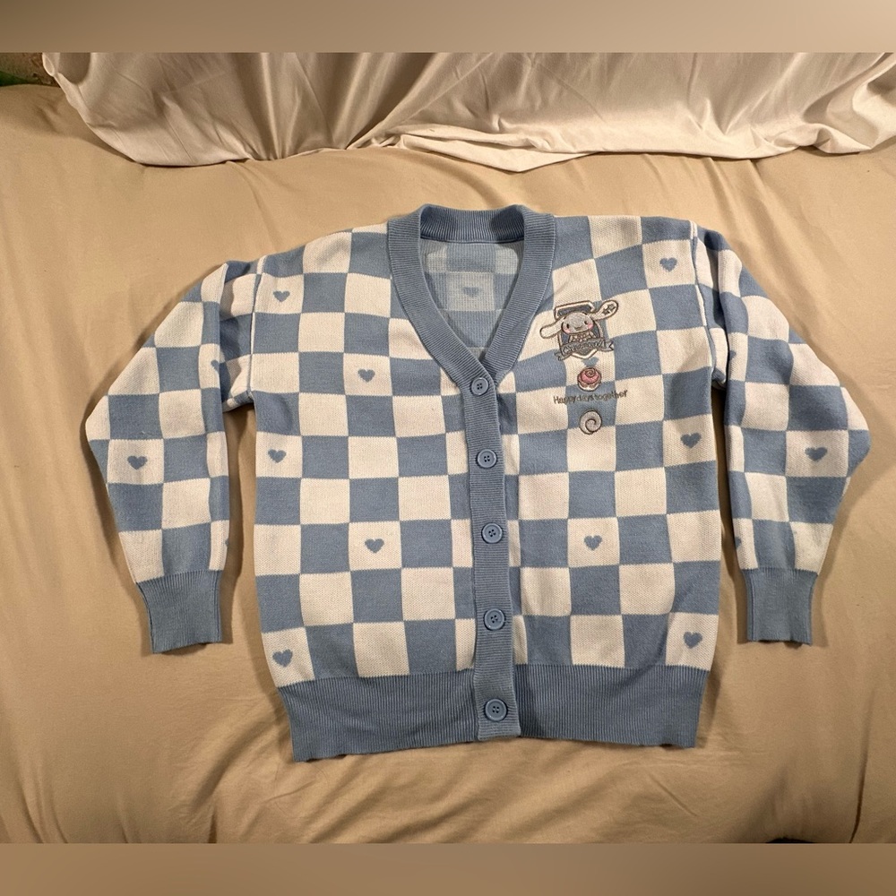 Cinnamoroll Sanrio Kawaii Baby Blue Checkered Cardigan Sweater Cottagecore Retro